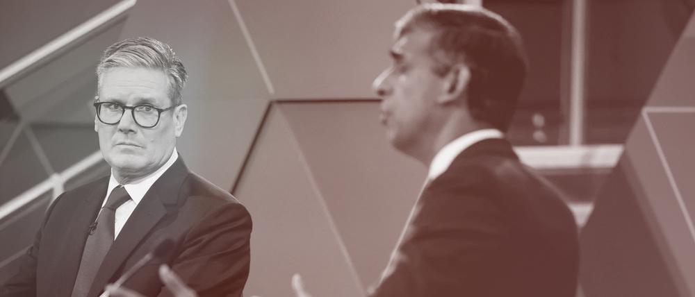 Keir Starmer (l.), Vorsitzender der Labour-Partei, und Rishi Sunak, Premierminister von Großbritannien, reden während ihrer TV-Debatte. 