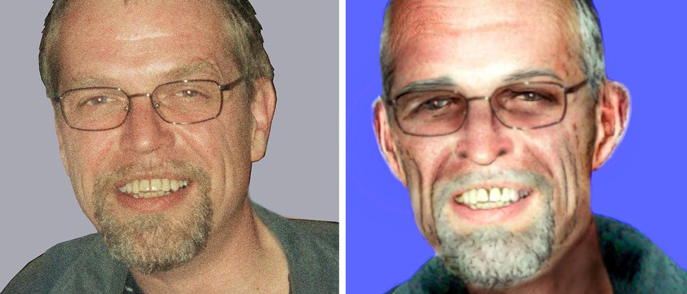 Die Bildkombo zeigt Fahndungsfotos veröffentlicht vom Landeskriminalamt Niedersachsen das den früheren RAF-Terroristen Ernst-Volker Staub im Jahr 2002 zeigen dürfte (l) und ein vom LKA angefertigtes Aging-Foto, wie Staub heute, im Alter von 69 Jahren aussehen könnte (r). 