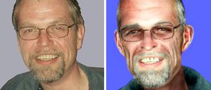 Die Bildkombo zeigt Fahndungsfotos veröffentlicht vom Landeskriminalamt Niedersachsen das den früheren RAF-Terroristen Ernst-Volker Staub im Jahr 2002 zeigen dürfte (l) und ein vom LKA angefertigtes Aging-Foto, wie Staub heute, im Alter von 69 Jahren aussehen könnte (r). 