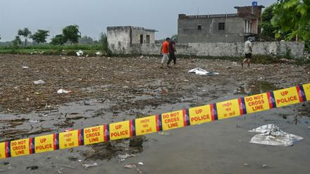 A police cordon is displayed at the site of a stampede during a Hindu religious gathering in Hathras in India’s Uttar Pradesh state on July 3, 2024. 