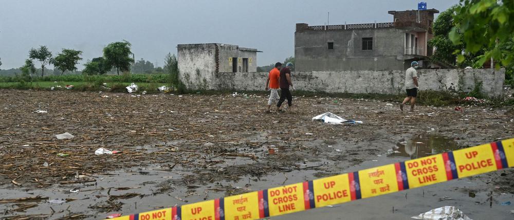 A police cordon is displayed at the site of a stampede during a Hindu religious gathering in Hathras in India’s Uttar Pradesh state on July 3, 2024. 