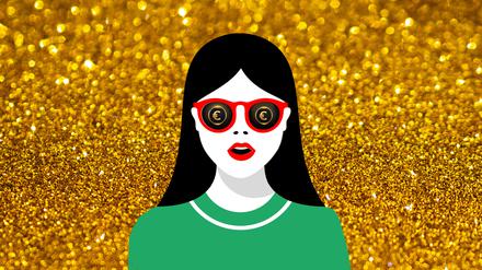 Illustration von einer Frau, die vor einem goldenen Hintergrund steht und eine Brille mit dem Euro-Zeichen trägt.