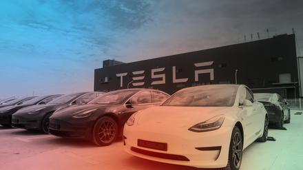 Fahrzeuge des Models 3 stehen vor der Tesla Fabrik in Shanghai. 