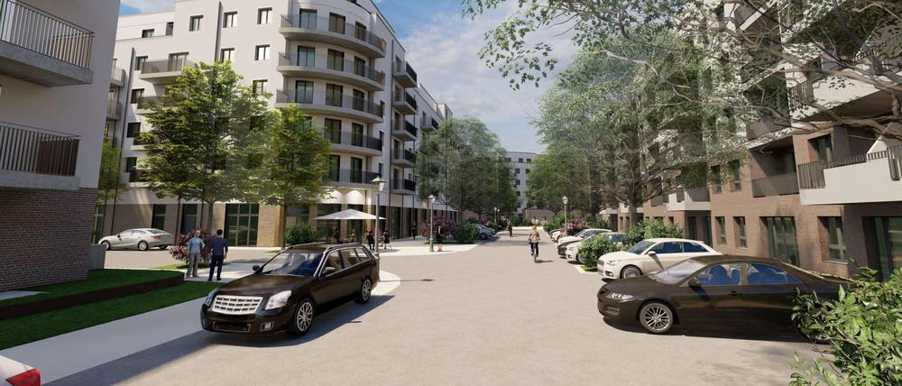 Eine Visualisierung des neuen Wohnquartiers Staytion in Pankow. Zu sehen sind weiß-beige Häuser mit parkenden Autos.