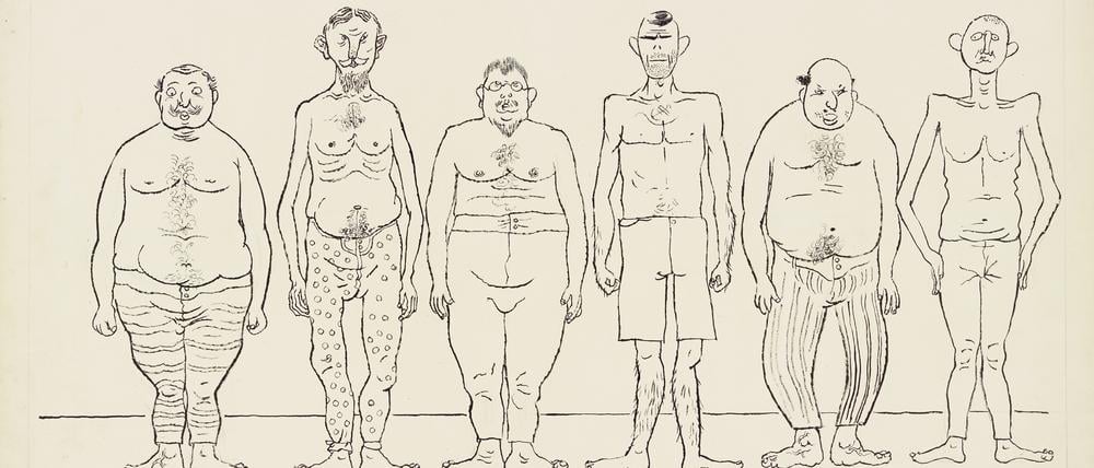 George Grosz, Musterung, 1927, Zeichnung zu der Inszenierung „Die Abenteuer des braven Soldaten Schwejk“ an der Piscatorbühne, Berlin 1928.