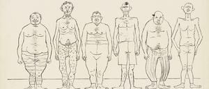 George Grosz, Musterung, 1927, Zeichnung zu der Inszenierung „Die Abenteuer des braven Soldaten Schwejk“ an der Piscatorbühne, Berlin 1928.