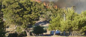 Firemen and helicopters try to control a large wildfire in Stamata. (June 30, 2024)