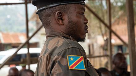 Soldiers of the Democratic Republic of Congo Army attend their trial in Lubero on July 6, 2024.