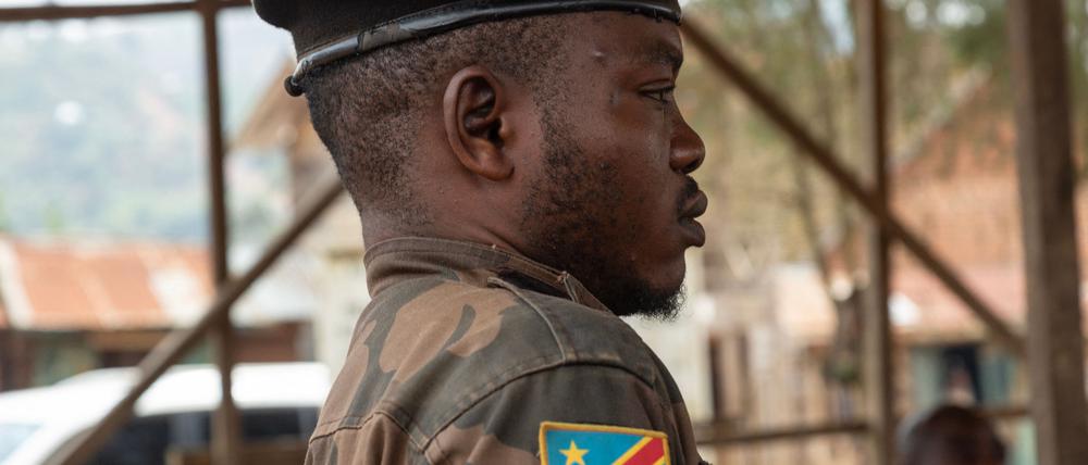 Soldiers of the Democratic Republic of Congo Army attend their trial in Lubero on July 6, 2024.
