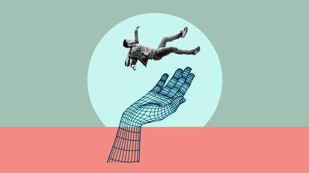 Ein Mann fliegt über einer Hand (Illustration).