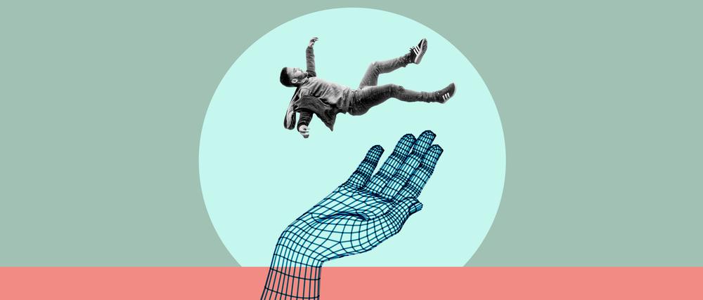 Ein Mann fliegt über einer Hand (Illustration).