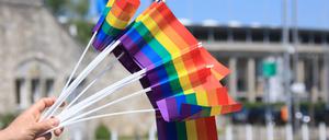Regenbogenfahnen vor dem Berliner Olympiastadion.
