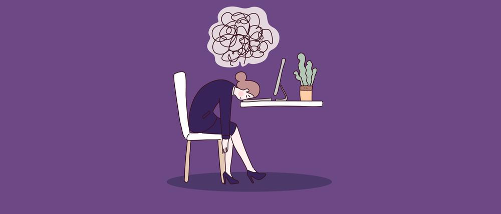 Illustration über Burnout. Müde Büroangestellte, sitzt auf einem Stuhl mit dem Kopf auf dem Tisch abgelegt.