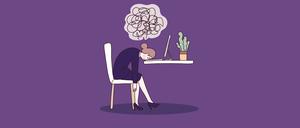 Illustration über Burnout. Müde Büroangestellte, sitzt auf einem Stuhl mit dem Kopf auf dem Tisch abgelegt.