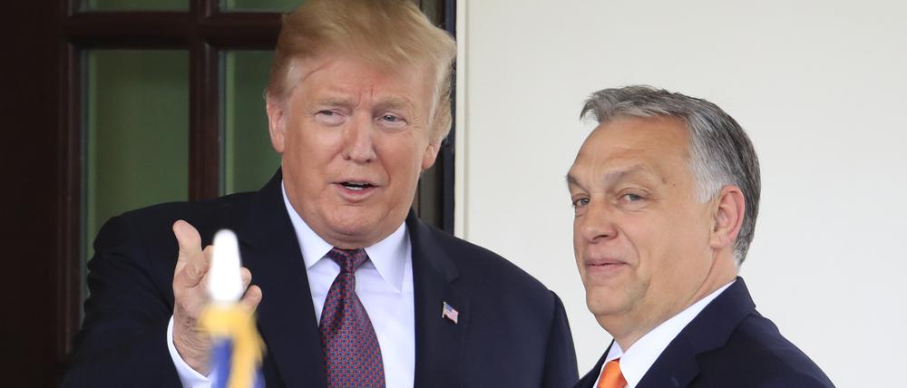 Donald Trump (l), damaliger Präsident der USA, begrüßt Viktor Orbán, Ministerpräsident von Ungarn.