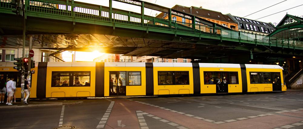 Eine Tram der Linie M1 auf der Schönhauser Allee.
