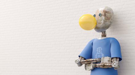 Ein Roboter macht eine Kaugummiblase. Platzt die KI-Blase?
