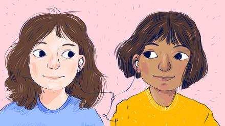 Szene aus dem Comic „Regenbogentage“ von Nora Dåsnes. Zu sehen sind die Mädchen Tuva und Mariam. Ihre Gesichter sind dem Betrachter zugewandt, ihre Augen jedoch richten sie lächelnd auf die jeweils andere. Beide teilen sich ein Paar Kopfhörer und scheinen Musik zu hören. Tuva hat hellrosa Haut, braune, schulterlange Haare und trägt ein blaues Oberteil. Mariam hat hellbraune Haut, kinnlange dunkelbraune Haare und trägt ein gelbes Shirt.