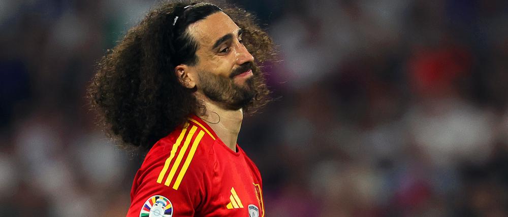 Fußball, UEFA Euro 2024, EM, Spanien - Frankreich, Finalrunde, Halbfinale, München Fußball Arena, Spaniens Marc Cucurella reagiert. +++ dpa-Bildfunk +++