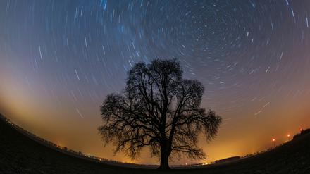 Durch eine Langzeitbelichtung beim Fotografieren wird am Sternenhimmel die Erdrotation sichtbar. Der Himmel scheint sich um den Polarstern zu drehen.