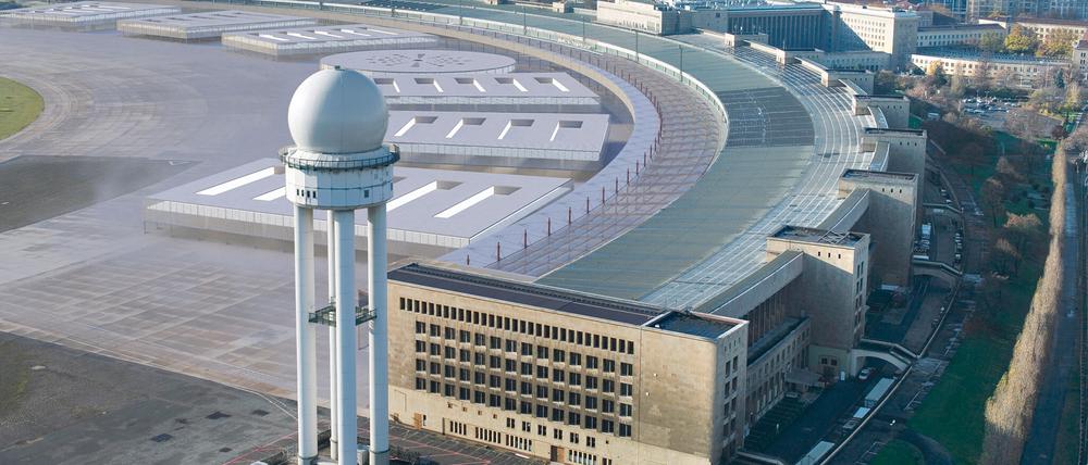 Der Entwurf für die neuen Messehallen auf dem Vorfeld des Flughafen Tempelhofs.