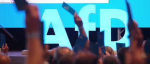Delegierte halten beim Landesparteitag der sächsischen AfD Stimmkarten in die Höhe.