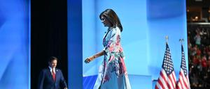 US former ambassador to the United Nations and South Carolina Governor Nikki Haley walks off stage after speaking as Florida Governor Ron DeSantis steps on, on the second day of the 2024 Republican National Convention at the Fiserv Forum in Milwaukee, Wisconsin, July 16, 2024. Days after he survived an assassination attempt Donald Trump won formal nomination as the Republican presidential candidate and picked right-wing loyalist J.D. Vance for running mate, kicking off a triumphalist party convention in the wake of last weekend's failed assassination attempt. (Photo by ANGELA WEISS / AFP)