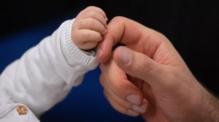Ein Vater berührt die Hand seines Kindes. Die Geburtenrate ist in Deutschland deutlich gesunken.