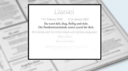 Die Anzeige, die Daniels Eltern in die Zeitung gesetzt haben, in anonymisierter Form.
