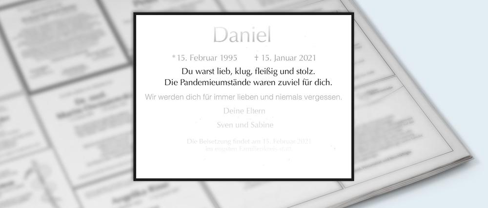 Die Anzeige, die Daniels Eltern in die Zeitung gesetzt haben, in anonymisierter Form.