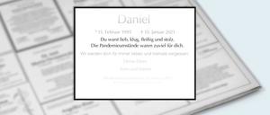 Die Anzeige, die Daniels Eltern in die Zeitung gesetzt haben, in anonymisierter Form.