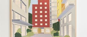 Red Building, 2024, Acryl auf Holz, von Zoran Minic in der Galerie Albrecht Berlin 