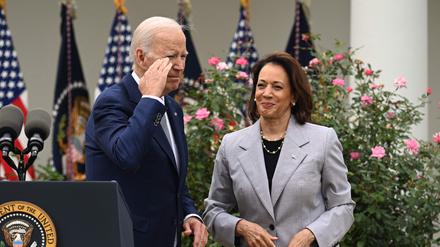 (FILES) US President Joe Biden, with Vice President Kamala Harris, salutes after announcing the White House Office of Gun Violence Prevention, in the Rose Garden of the White House in Washington, DC, September 22, 2023. 