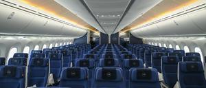 Blick in den Dreamliner vom Typ Boeing 787-9 „Berlin“ der Lufthansa-Langstreckenflotte.
