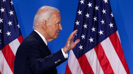 FILE PHOTO: U.S. President Joe Biden gestures as he departs following a press conference during NATO's 75th anniversary summit, in Washington, U.S., July 11, 2024. REUTERS/Yves Herman/File Photo