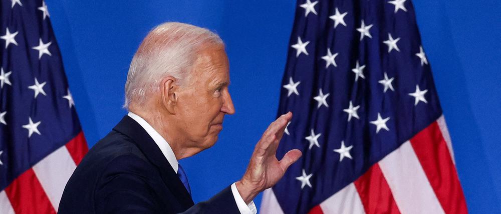 FILE PHOTO: U.S. President Joe Biden gestures as he departs following a press conference during NATO's 75th anniversary summit, in Washington, U.S., July 11, 2024. REUTERS/Yves Herman/File Photo