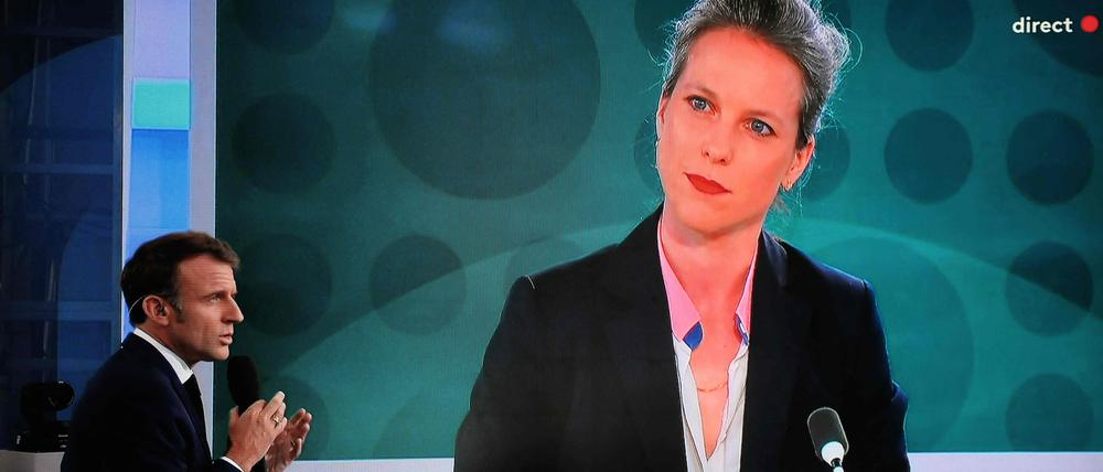 Präsident Macron im Fernsehinterview, in dem er den Vorschlag des Linkenbündnisses vom Tisch wischt: Es hatte die unbekannte Lucie Castets als Premierministerin vorgeschlagen.