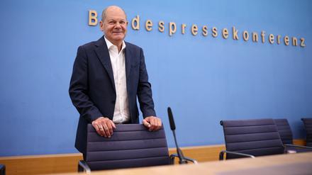 Bundeskanzler Olaf Scholz in der Bundespressekonferenz. 