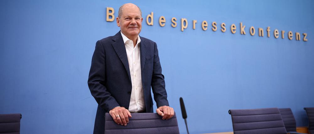 Bundeskanzler Olaf Scholz in der Bundespressekonferenz. 