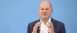 Olaf Scholz spricht auf der Bundespressekonferenz.