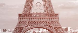 22.07.2024, Frankreich, Paris: Vor den Olympischen Sommerspielen, Olympia Paris 2024, Blick auf den Eiffelturm mit den Olympischen Ringen. Foto: Michael Kappeler/dpa +++ dpa-Bildfunk +++