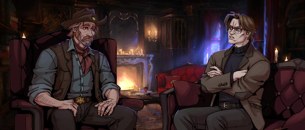 Szene aus dem Videospiel „Vampire Therapist“: Vampir-Therapeut Sam Walls (l.) im Gespräch mit dem Wissenschaftler Dr. Drayne.