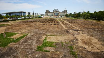 Blick auf den stark beschädigten Rasen auf der Wiese vor dem Reichstagsgebäude. 