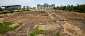 25.07.2024, Berlin: Blick auf den stark beschädigten Rasen auf der Wiese vor dem Reichstagsgebäude. Nachdem die EM-Fanzone abgebaut wurde, zeigt sich der Rasen in einem sehr schlechten Zustand. Foto: Joerg Carstensen/dpa +++ dpa-Bildfunk +++
