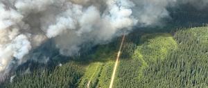 Ein Luftbild zeigt den Rauch von Waldbränden, der Anfang dieser Woche über dem Jasper-Nationalpark aufsteigt. Extreme Hitze und Trockenheit haben in der gesamten Provinz zu zahlreichen neuen Waldbränden geführt. Die Stadtverwaltung von Jasper hat wegen der Waldbrände im Jasper National Park eine Evakuierung angeordnet. 