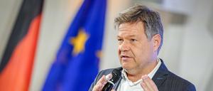Robert Habeck (Bündnis 90/Die Grünen), Bundesminister für Wirtschaft und Klimaschutz, nimmt in seinem Ministerium an der Auftaktveranstaltung zur Übergabe von Zuwendungsbescheiden für Projekte der IPCEI Hy2Infra Welle teil.  