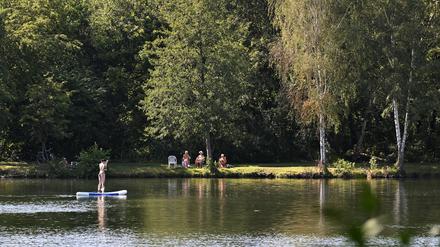 Eine Sup-Fahrerin paddelt über den Baggersee am Stern.
