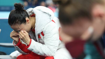 Zhu Xueying aus China konnte ihre Enttäuschung nicht mehr verbergen, als sie am Freitag ohne Medaille das Finale im Trampolinspringen beendete. 