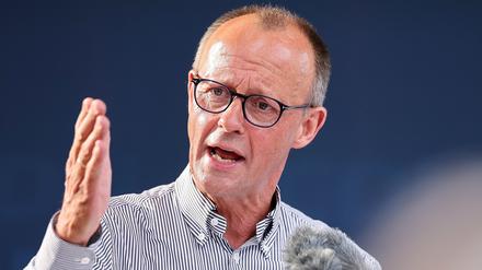 Friedrich Merz, Bundesvorsitzender CDU, spricht zum Wahlkampfauftakt der CDU Sachsen und Thüringen (Archivbild).