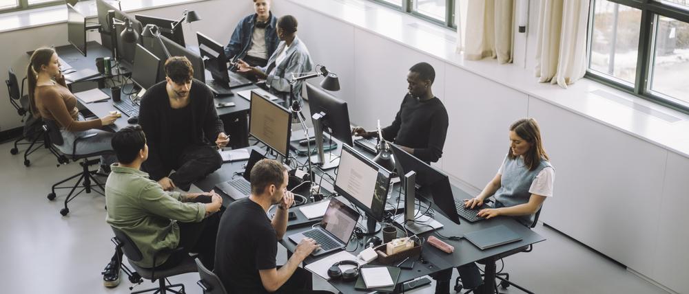 Informatiker sitzen an ihren Computern in einem Großraumbüro.